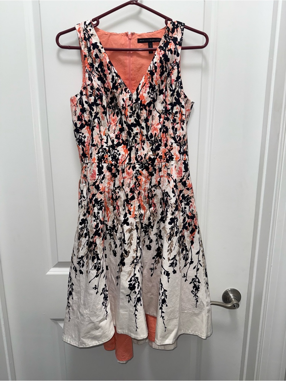White House Black Market White & Coral Floral V-Neck Fit & Flare Dress